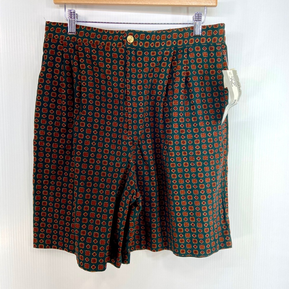 Vintage NOS Fundamentals Green Print Corduroy Pleated Shorts Womens 16‎ Waist 30